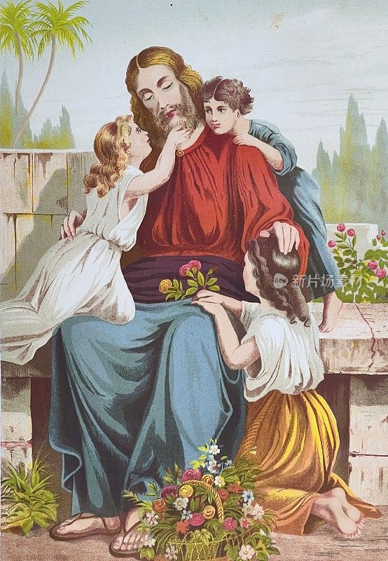 让小孩子们到我这里来，耶稣抱着给他送花的女孩们