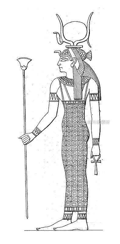 古董雕刻插图，文明:埃及神，哈索尔