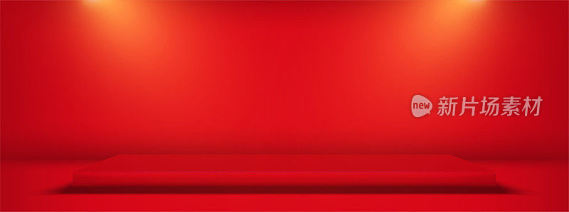 用于产品展示的空方形底座，工作室背景为红色照明。矢量插图。