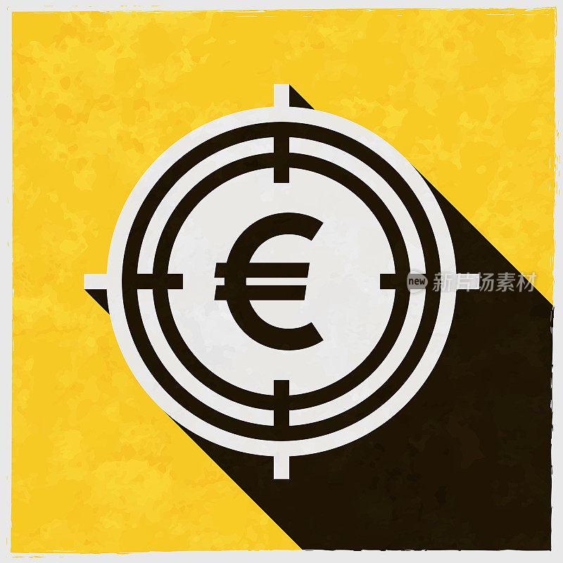 欧元在取景器。图标与长阴影的纹理黄色背景