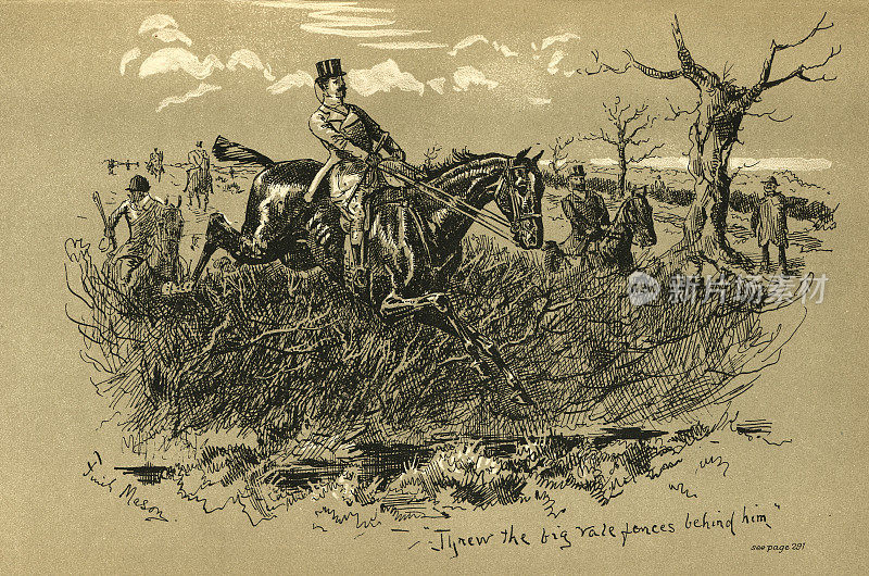 人和马在狩猎期间跳过篱笆和沟渠，维多利亚狩猎运动，19世纪90年代，19世纪