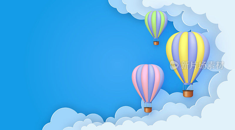 美丽的3d气球在蓝天上与纸云飞行。