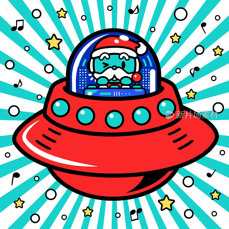 一个可爱的圣诞老人正驾驶着无限动力宇宙飞船或UFO进入超宇宙
