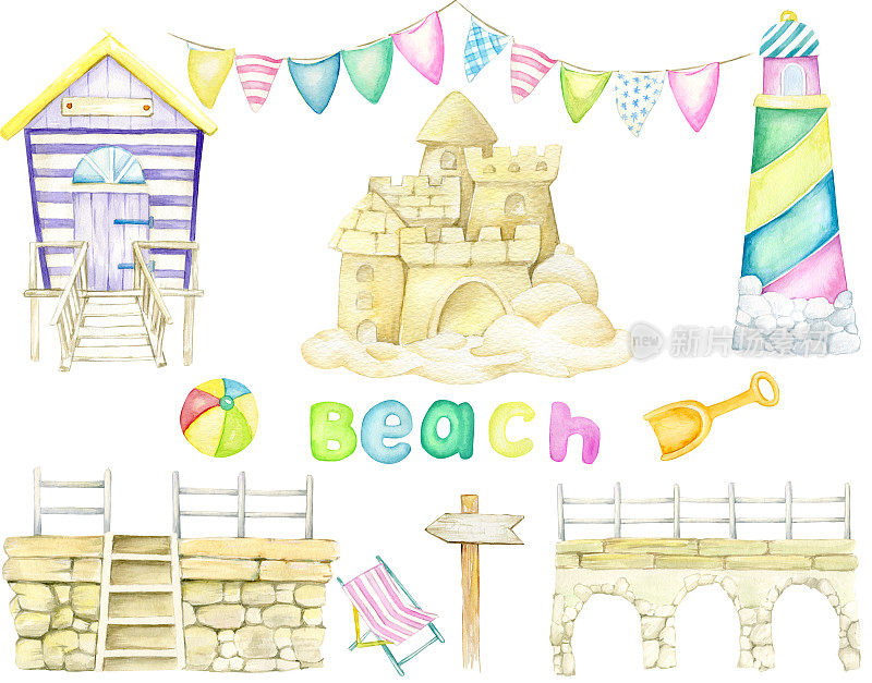 水彩设置，海滩房子，灯塔，旗帜，码头，球，沙堡，铲子。水彩插图，在一个孤立的背景上，关于海滩和夏天的主题。