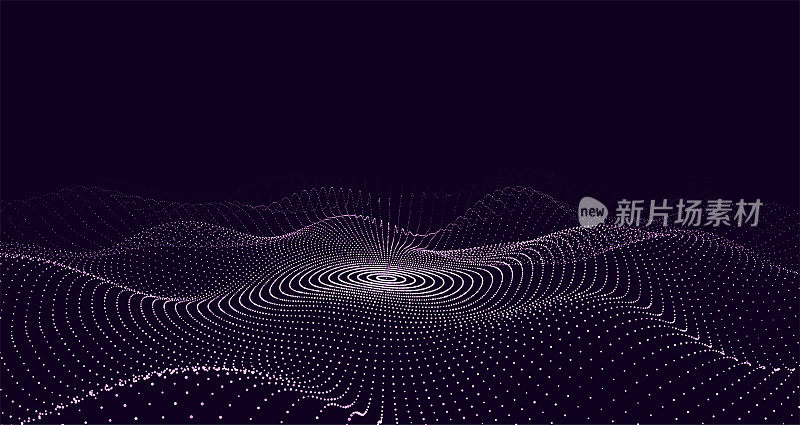 未来的波。向量黑暗的网络空间。抽象的音乐声波带点。蓝色背景上的白色移动粒子。