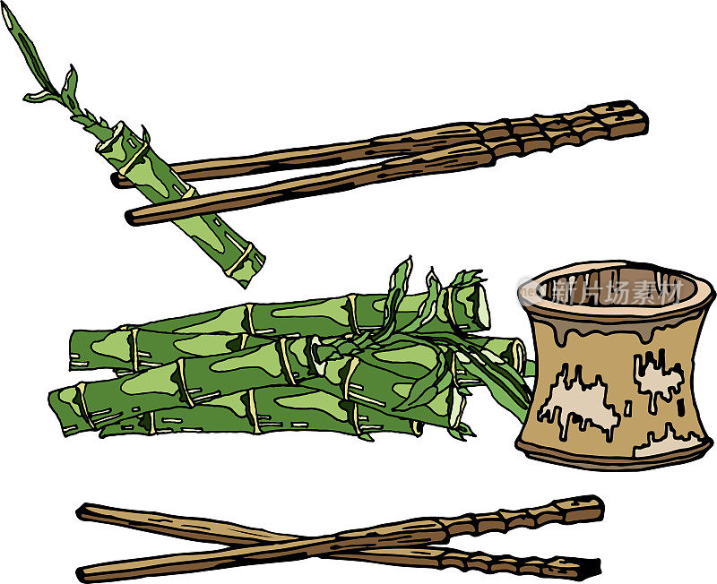 插图的竹子食物和竹笋在白色的背景。竹子，竹杯和竹棒，素食天然食品，随时可用，eps。为你设计