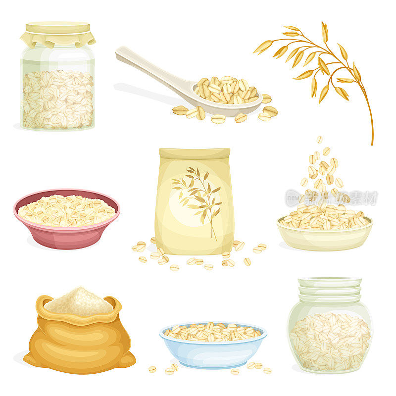 燕麦片作为全谷物食品与碾压燕麦在碗和谷物在包装向量集