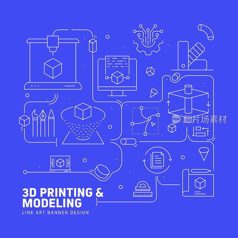 3D打印和建模相关线条风格横幅设计网页，标题，小册子，年度报告和书籍封面