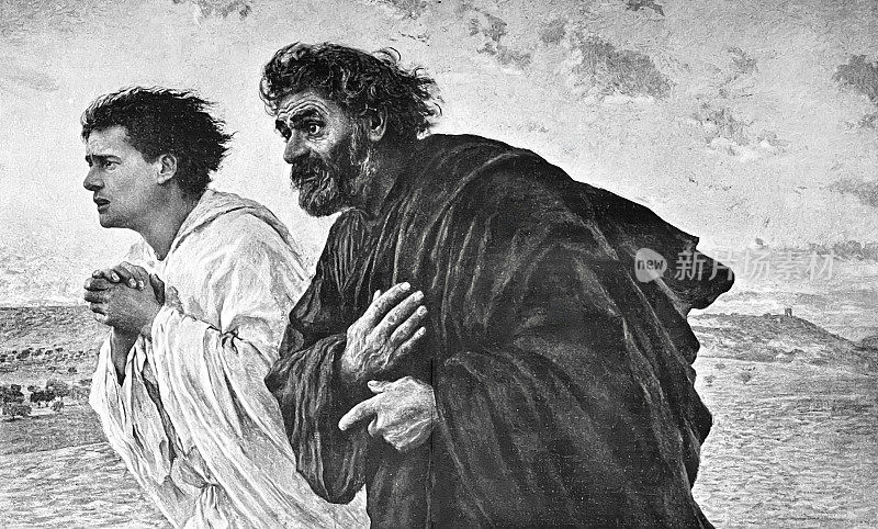 在复活的那天早晨，西门彼得和约翰奔向敞开的耶稣坟墓