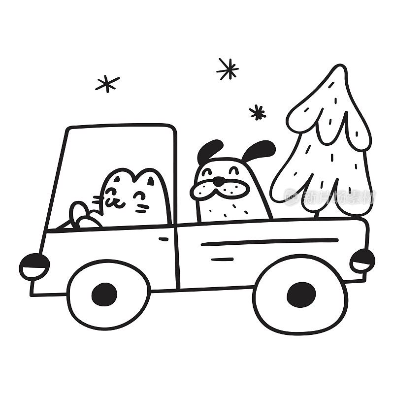狗和猫在圣诞树下的卡车里。