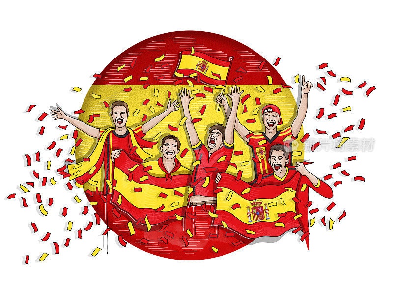 五名西班牙球迷用西班牙国旗庆祝