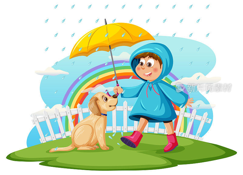 下雨天，一个穿着雨衣的男孩和一条狗