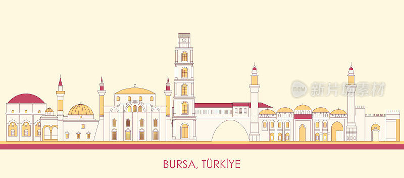 土耳其布尔萨市的卡通天际线全景