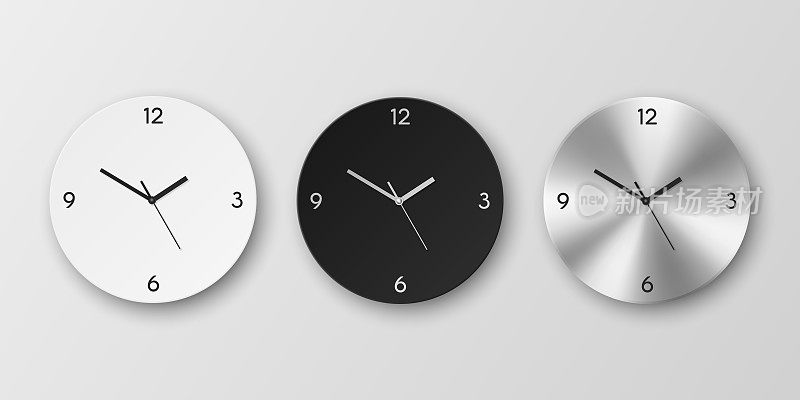 矢量3d现实圆形白色，黑色和银色，铬钢墙办公室时钟设置隔离。挂钟正面特写设计模板。品牌和广告模型。前视图