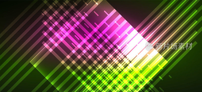 背景霓虹灯发光线条和几何形状。深色壁纸中的灯光用于AI技术概念，区块链，数字，通信，5G，科学