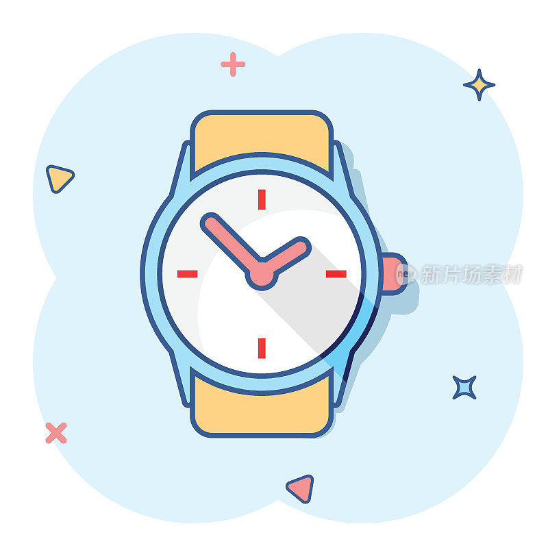 矢量卡通手表图标在漫画风格。时钟标志插图象形图。定时器业务飞溅效应概念。
