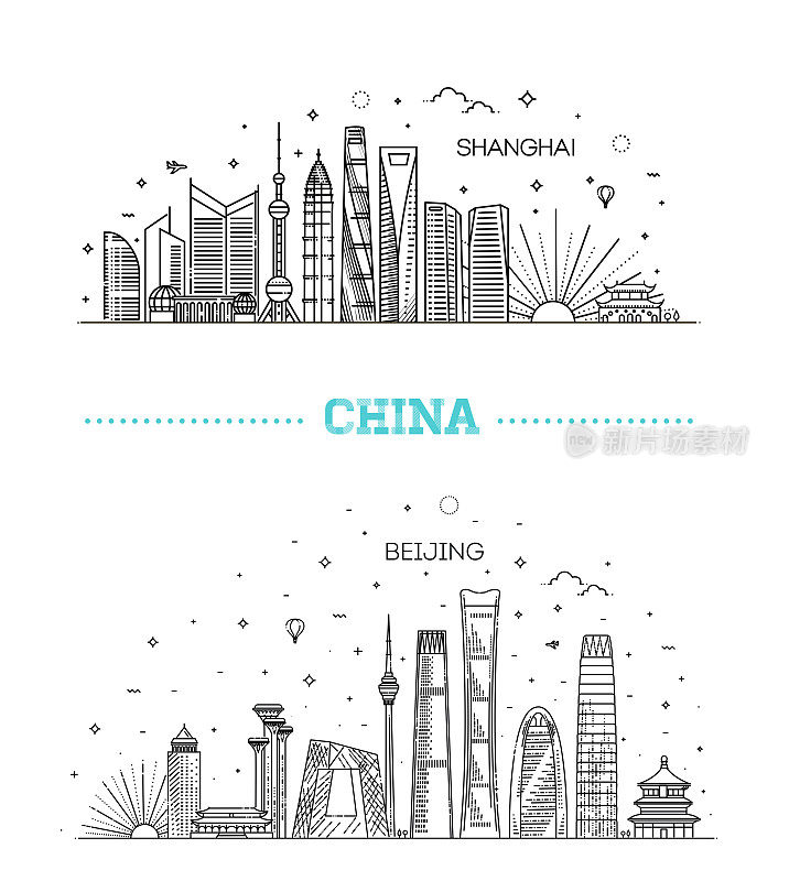 上海和北京。中国，线条艺术矢量插图与所有著名的建筑