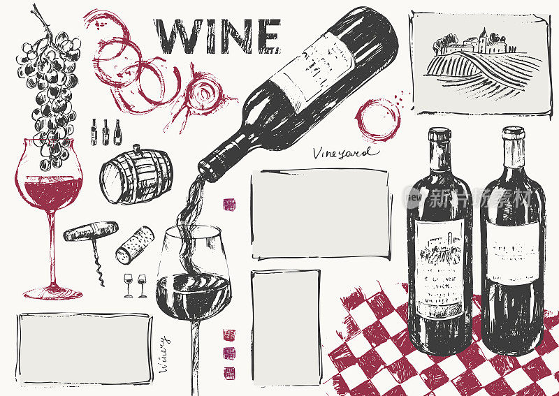手绘葡萄酒插图集。