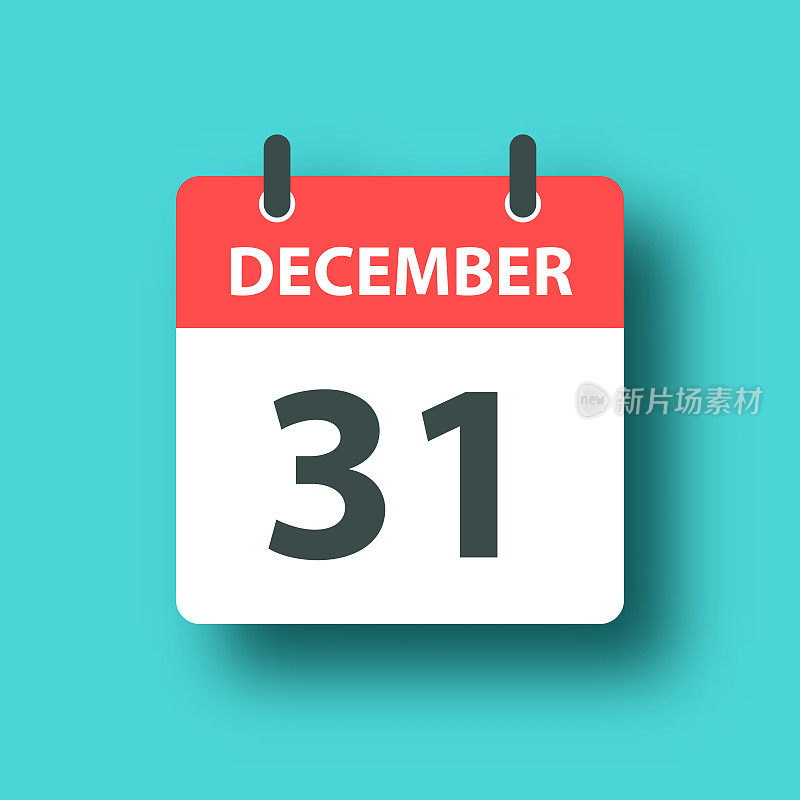 12月31日-日常日历图标上的蓝色绿色背景与阴影