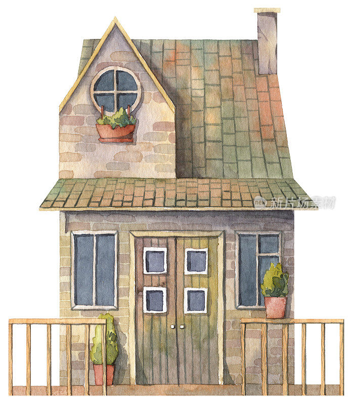 可爱的小茅屋立面。水彩手绘插图。有阁楼和门廊的乡村房子，篱笆上有盆花