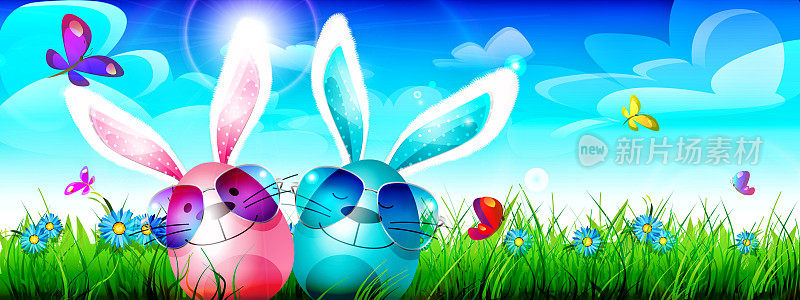 复活节快乐!拟人化的复活节彩蛋，兔子耳朵，背景是春天的天空。