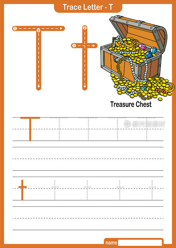 字母跟踪字母A到Z学龄前工作表与字母T宝藏箱亲矢量