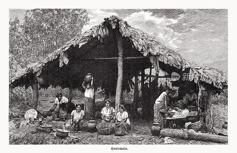 危地马拉工作的土著妇女，木版画，1899年出版