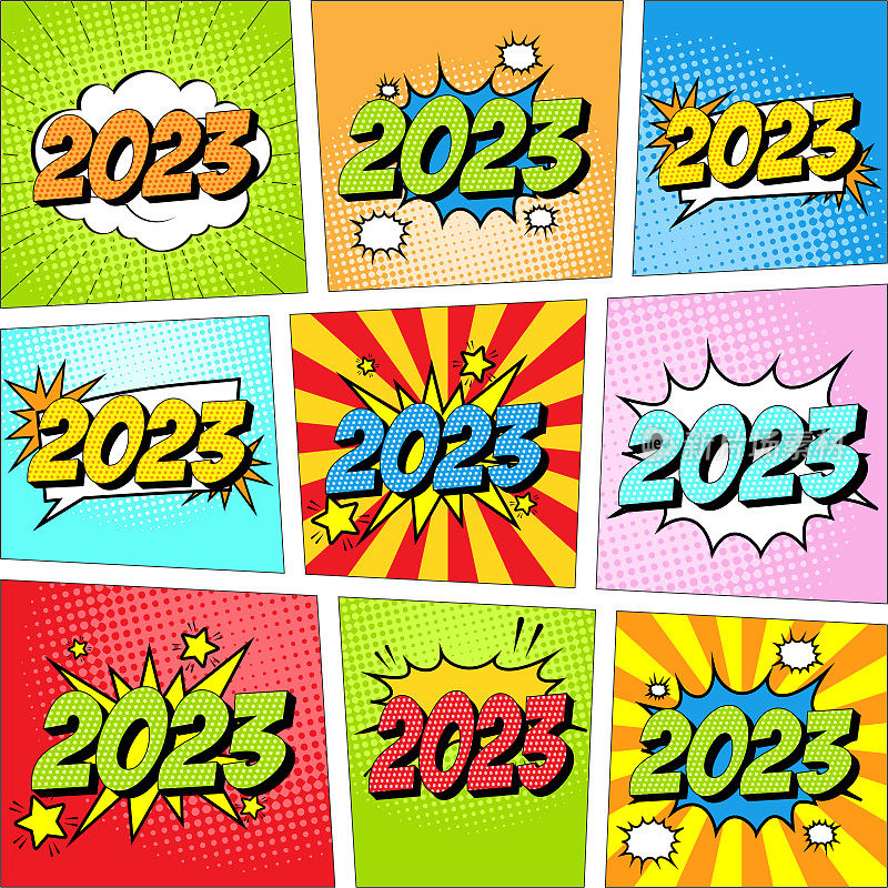五颜六色的2023年新年漫画偶像流行艺术风格。