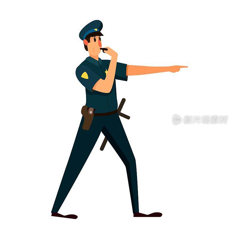 吹哨子的警察角色。矢量插图的巡逻警官。卡通警察孤立在白色