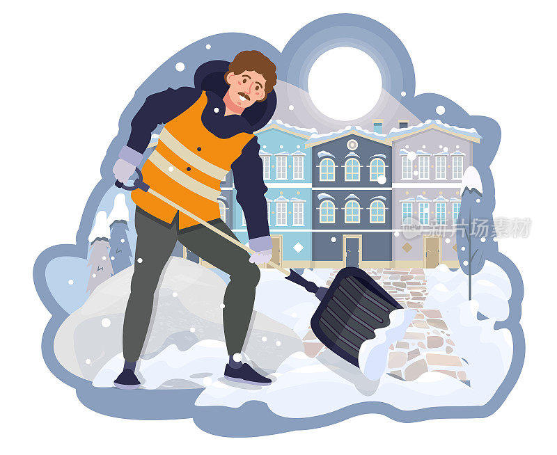 男工人正在用铲子清除人行道上的积雪。男子打扫领地附近的房子，雪路。冬季公共市政工程。雪在城市里飘散。平面向量插图。