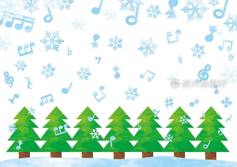 背景雪花，音符和杉树