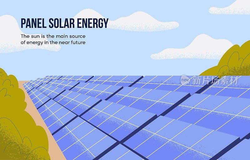 太阳能农场的电池，玻璃面板，光伏电池为生态阳光能源，替代可持续可再生能源。绿色回收发电机，太阳能模块，系统。平面矢量图