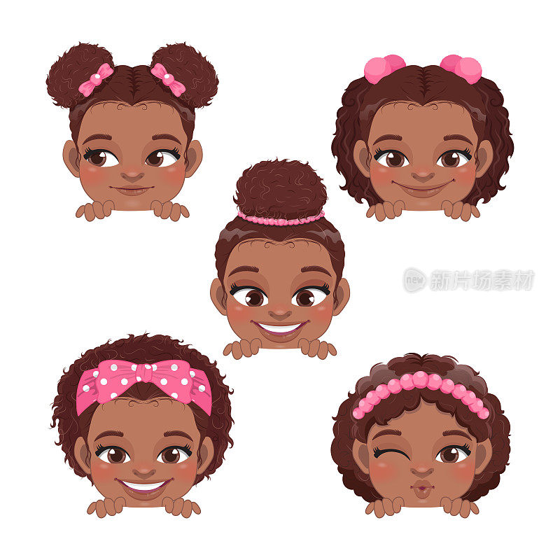 可爱的躲猫猫小黑人女孩或美国非洲儿童躲猫猫女孩集合和不同的非洲发型矢量插图