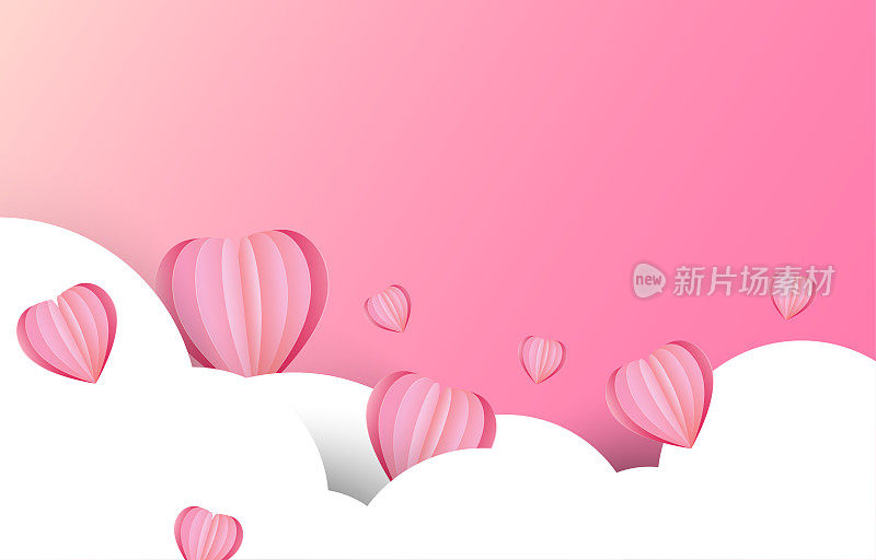 剪纸元素在粉红色和甜蜜的背景下飞行的形状的心。爱情矢量符号为情人节快乐，生日贺卡设计。