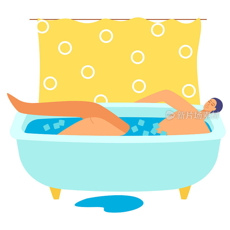 沐浴疗法治疗，男子泡在冰冷的浴缸矢量插图。天然药物保健，男性冻流。