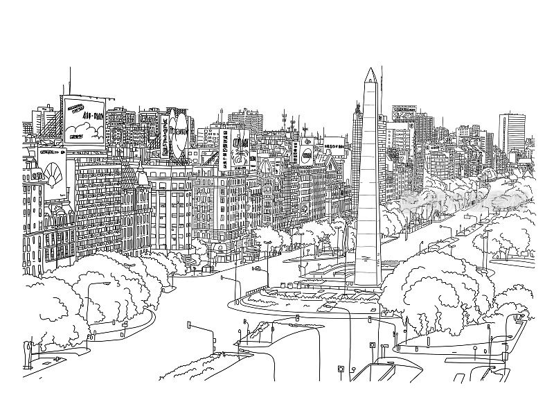 布宜诺斯艾利斯，阿根廷详细的城市景观。胡里奥大街9号的方尖碑。黑白手绘素描风格矢量插图。