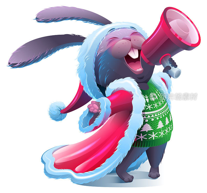 穿着圣诞老人衣服的兔子对着扩音器尖叫。2023年中国的黑兔年