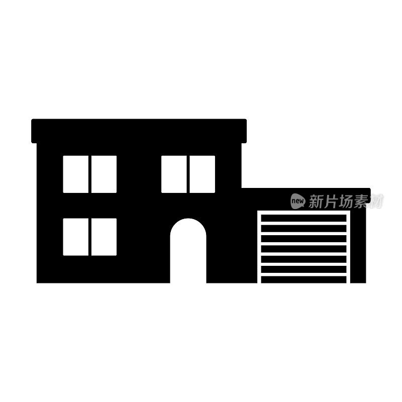 带有车库图标的两层楼的房子。黑色的轮廓。前视图。矢量简单平面图形说明。白色背景上的孤立物体。隔离。
