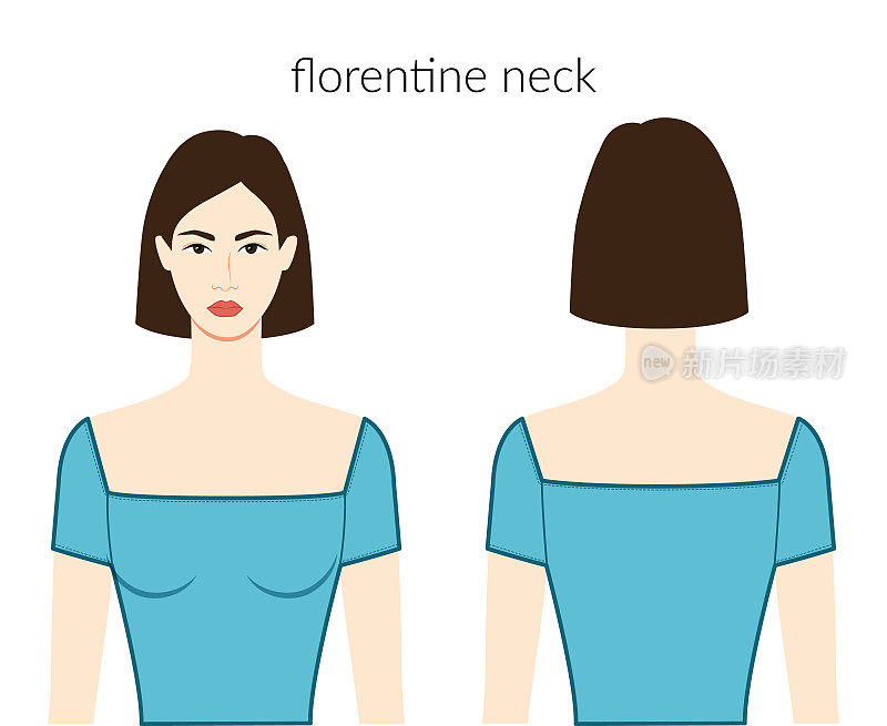 佛罗伦萨领口服装人物美丽的女士在蓝色上衣，衬衫，连衣裙技术时尚插图与合身的身体。平板服装模板正面，背面。女人，男人男女皆宜的CAD模型