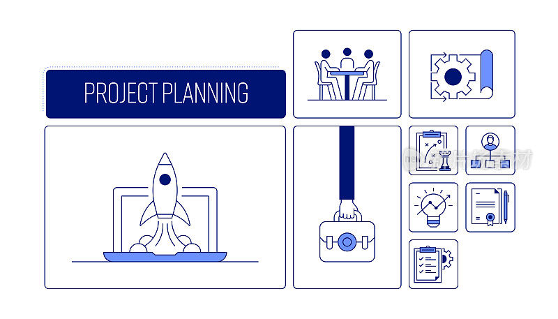 项目规划相关的矢量横幅设计概念，现代线条风格与图标