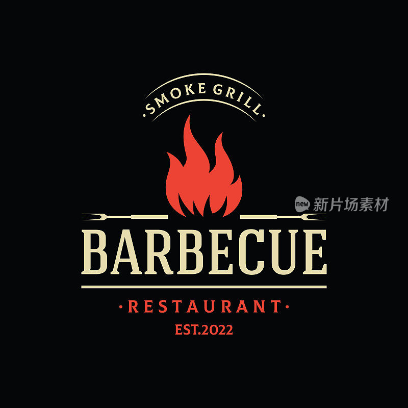 烧烤热烤架复古排版标志设计与交叉火焰和抹刀。标志为餐厅，徽章，咖啡馆和酒吧。