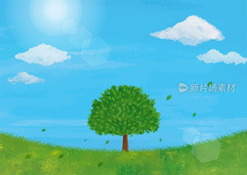草地，大树和蓝天水彩画