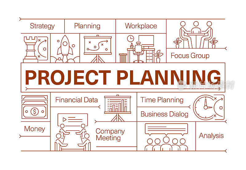 项目规划线图标集和横幅设计