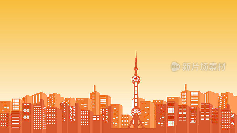 橙色的天空剪影，背景是东方明珠塔周围的高楼和城市公寓