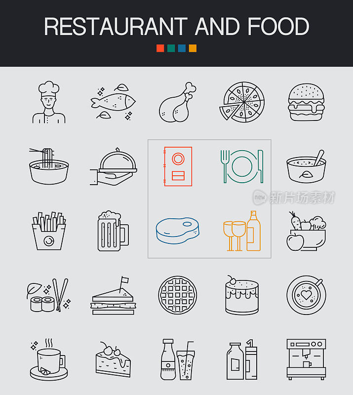 餐厅和食物线图标可编辑的笔画。采购产品蛋糕，Fas食品，披萨，牛排，水，沙拉