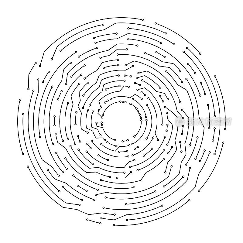黑白电路板风格的抽象圆形电子背景图案。