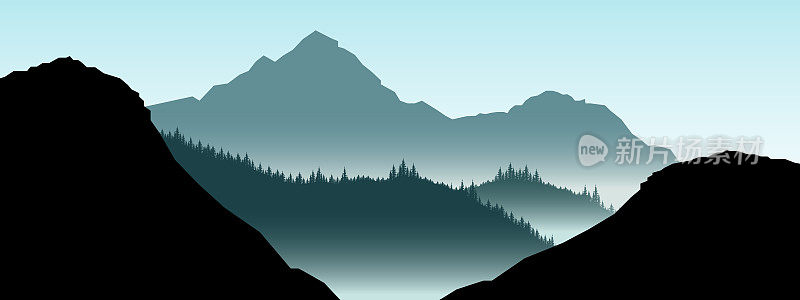 晨雾朦胧的山林树林剪影，山景全景背景插图图标矢量为标志