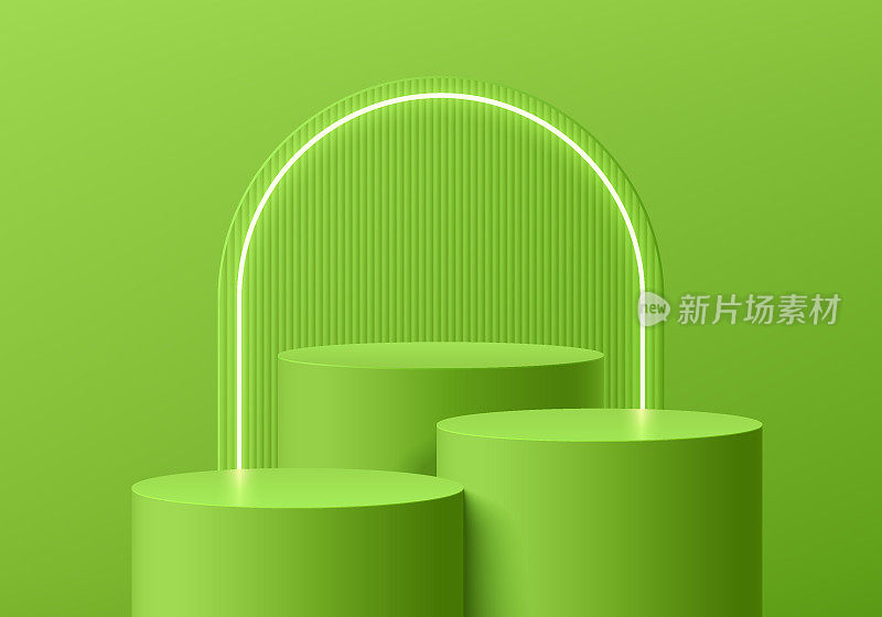 3D绿色逼真的站立讲台背景与发光的霓虹灯和拱门背景。最小墙场景模型产品舞台展示，横幅推广展示。抽象向量几何形式。