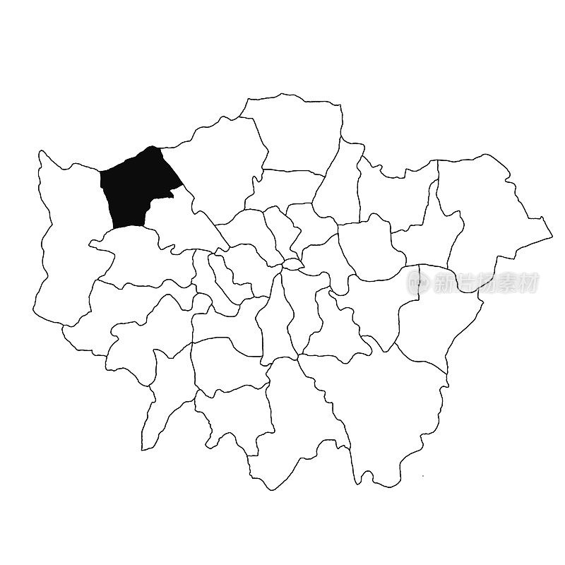 大伦敦省哈罗地图，白色背景。英格兰大伦敦行政地图上以黑色突出显示的单个郡地图。