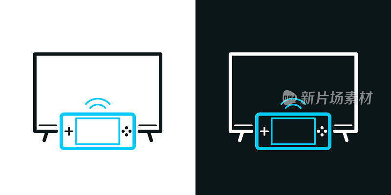 电视与手持游戏机。黑色或白色背景上的双色线图标-可编辑的笔画